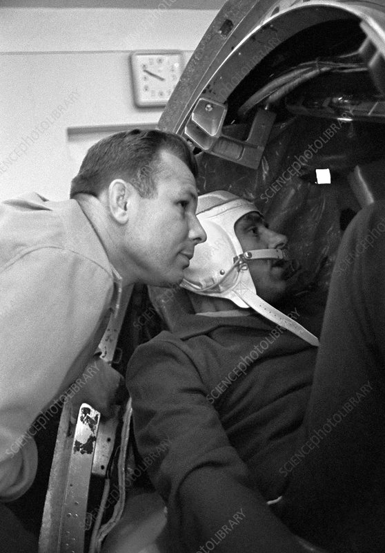 Gagarin (left) and Komarov (right) during Komarov's spaceflight training. Yuri Gagarin (1934-1968) became the first human in space, orbiting the Earth in the Vostok 1 spacecraft on 12 April 1961. He died in an aircraft training flight in 1968. Vladimir Komarov (1927-1967) was the commander of Voskhod 1 in 1964, the first spacecraft to carry a crew of more than one. He died when the Soyuz 1 spacecraft he was in malfunctioned and crash-landed on 24 April 1967. Photographed in 1967.